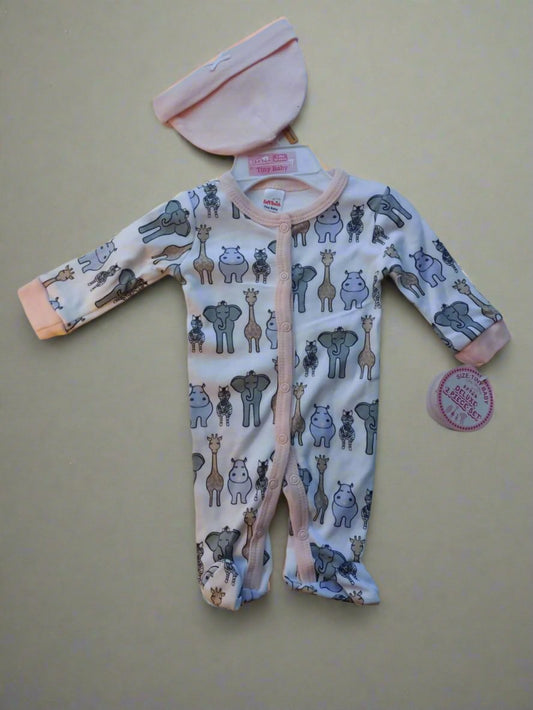 Tiny Baby Sleepsuit and Hat - 100% Cotton - Safari 3.5kg 50-55cm