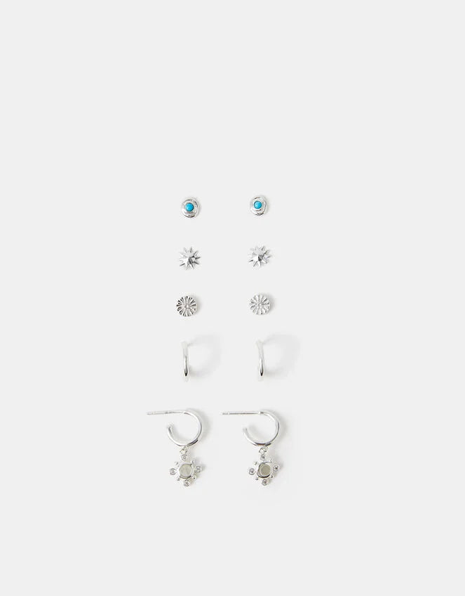 5-Pack Sterling Silver-Plated Stone Stud & Hoop Earrings