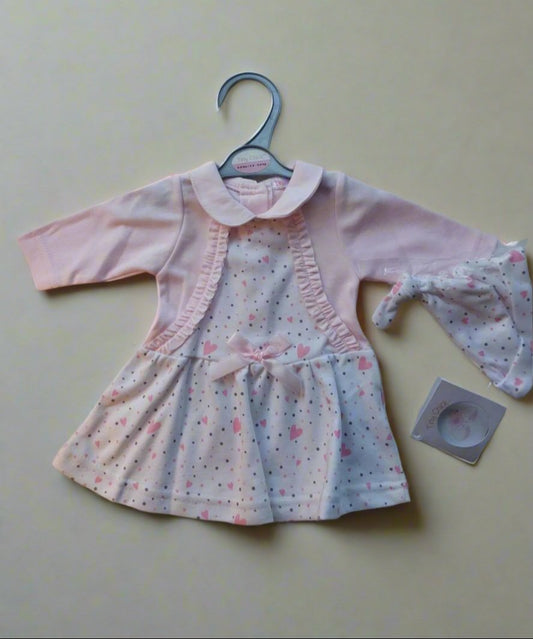 Girls Pink Hearts Dress with Hat 5-8lbs / 2.3 - 3.6 kg
