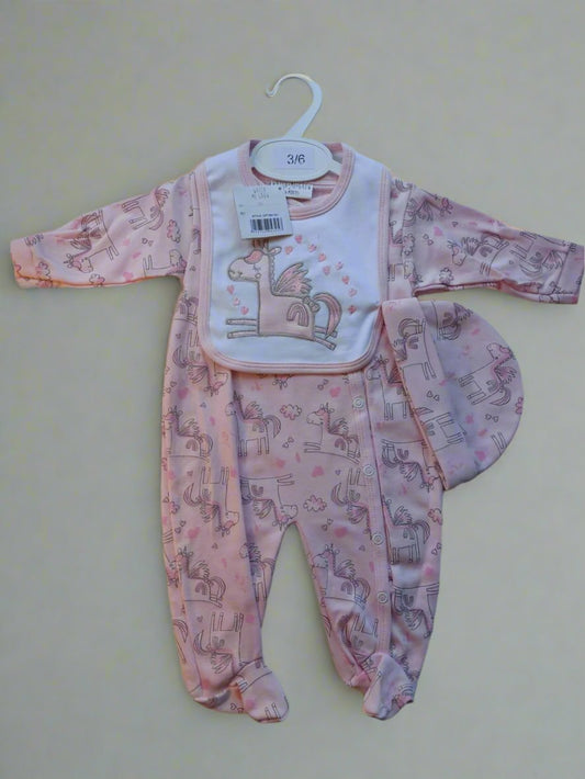 Unicorn Three Piece All in One, Bib & Hat 3 / 6 months