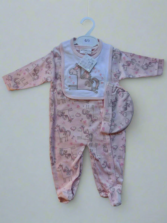 Unicorn Three Piece All in One, Bib & Hat 6 / 9 months pink
