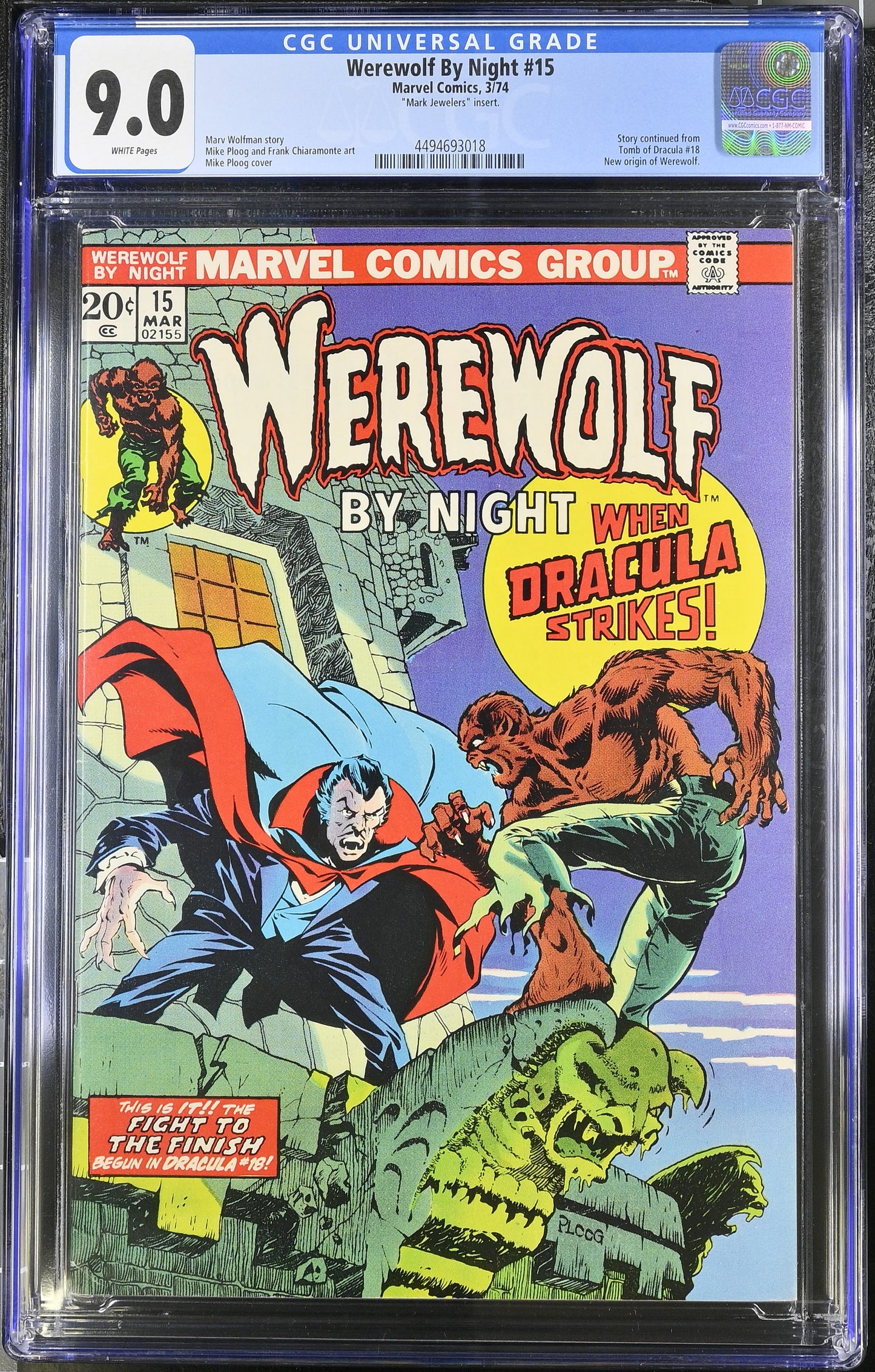 WEREWOLF BY NIGHT #15, MARK JEWELERS INSERT, CGC 9.0, Marvel Comics (1974)