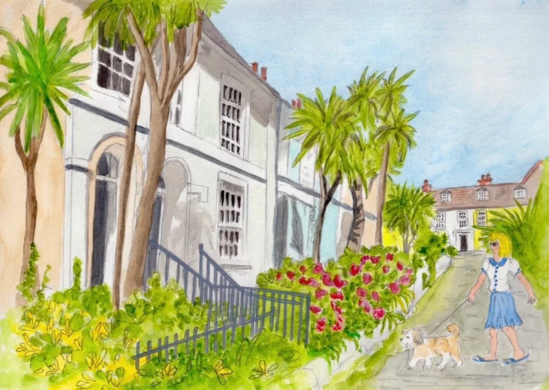 Penzance, Pastels and Palm Trees - A4 High quality print from an original watercolour from the book ‘Buddy’s Bus Ride ’ by Wendy Nutton