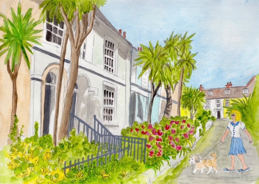 Penzance, Pastels and Palm Trees - A4 High quality print from an original watercolour from the book ‘Buddy’s Bus Ride ’ by Wendy Nutton